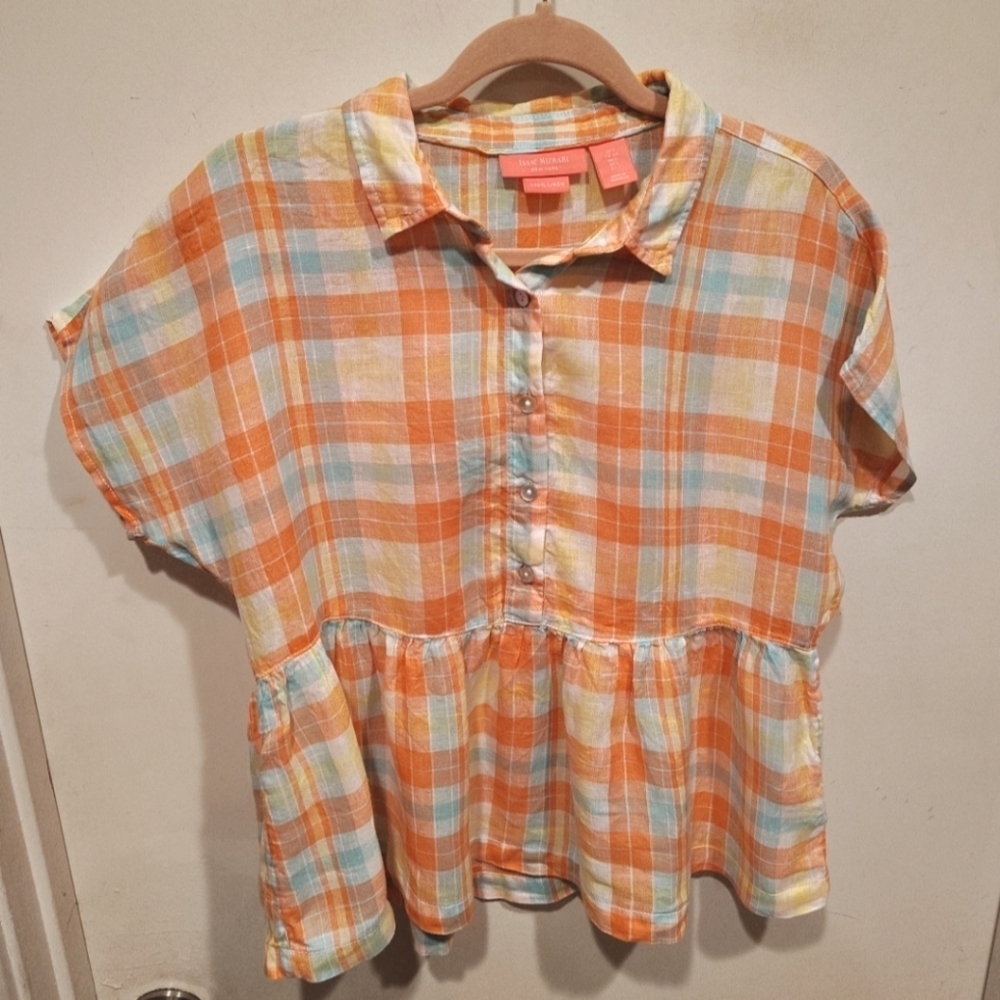 Isaac Mizrahi Women's Colorful Plaid Linen Top Sz S Peplum Hem Summer Beach